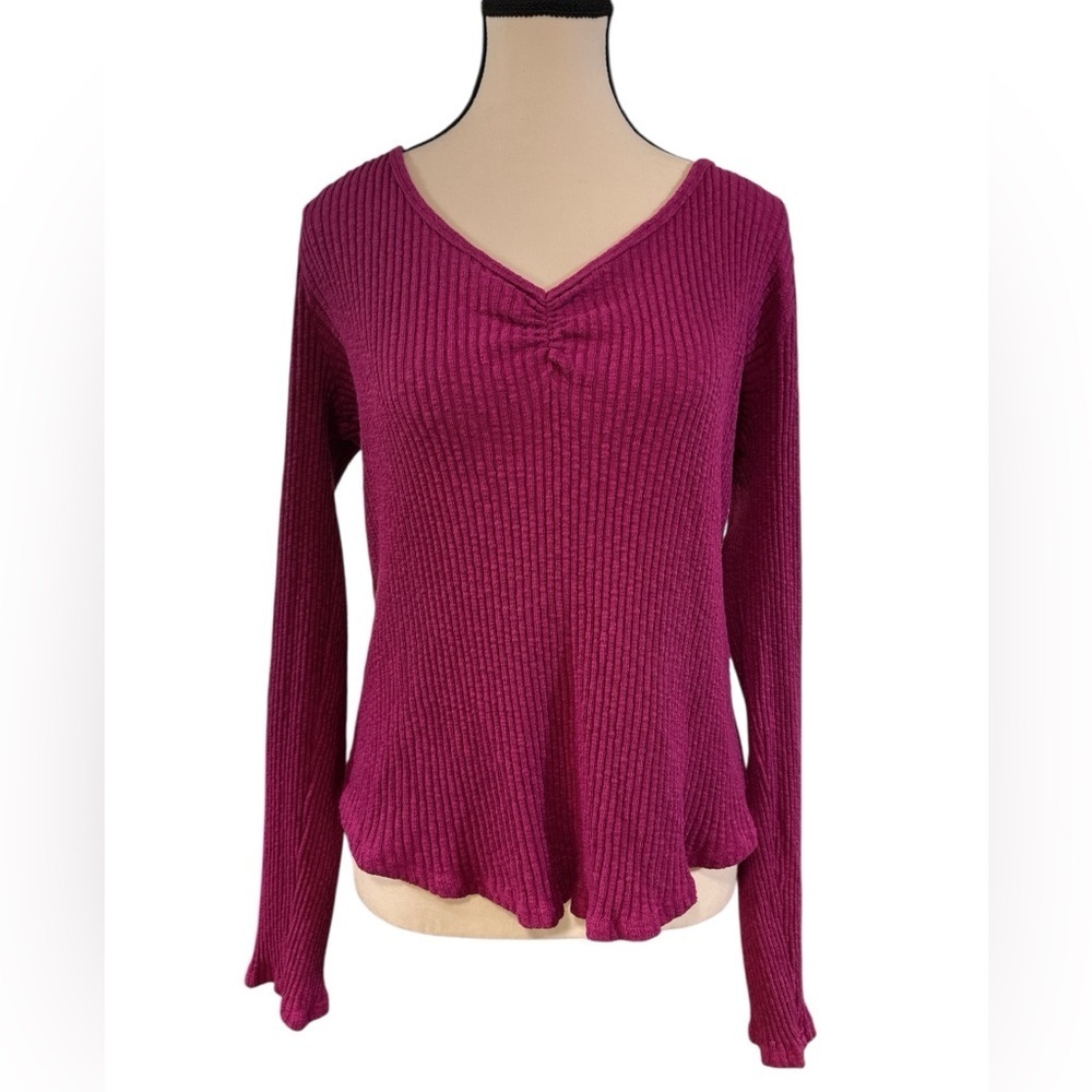 Anthropologie T.La Ribbed V-Neck Blouse - Fuchsia